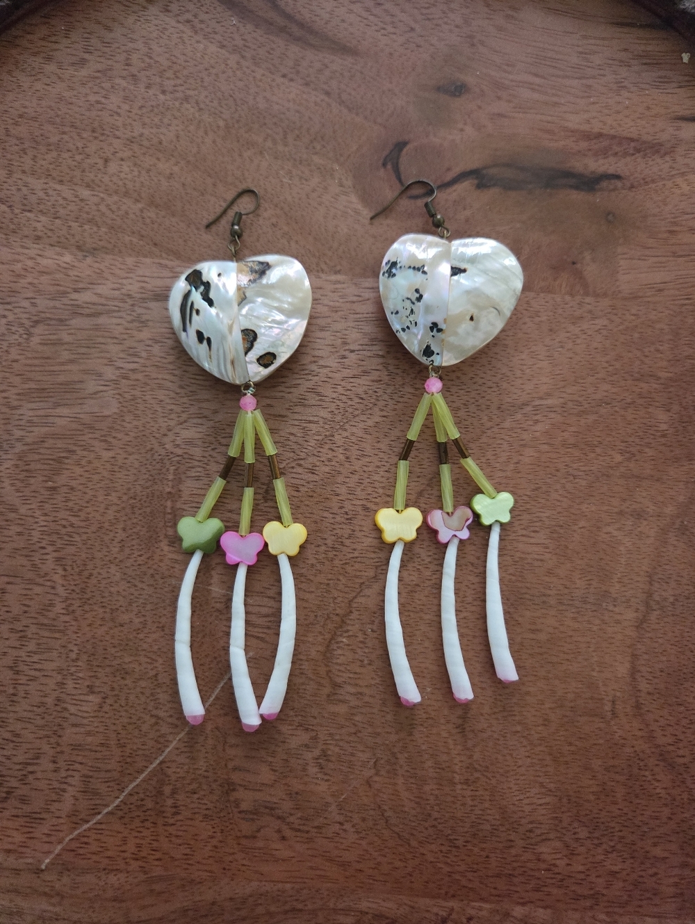 Handmade Native heart earrings with bird and flower shell details boho festival